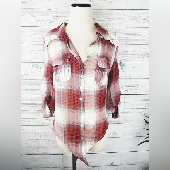 American Rag Cie Flannel Lace Detail Button Down - Picture 1 of 5